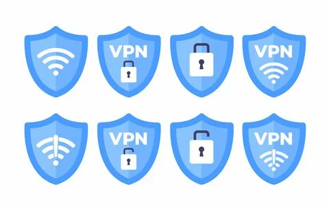 Wireless shield VPN wifi icon sign flat design vector illustration set. Illustrazione stock