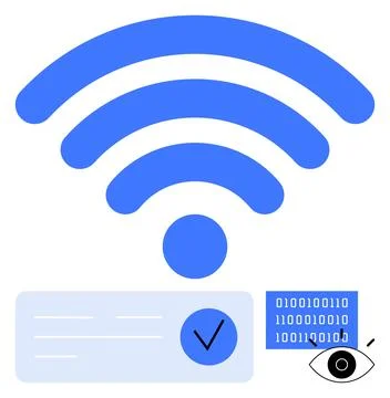 Wireless Signal with Checkmark, Binary Code, and Eye Icon Highlighting Secu.. Stock Illustration