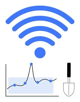 Wireless signal data graph with nodes and trowel. Ideal for agriculture, tech Illustrazione stock