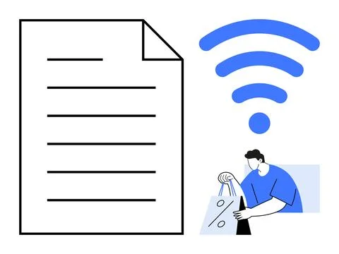 Wireless signal, document with lines, man holding shopping bags. Ideal for e- Stock Illustration