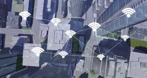 Wireless smart sensor icon on Smart city, connecting WIFI icon city background Stock Footage 169373475