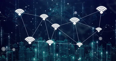 Wireless smart sensor icon on Smart city, connecting WIFI icon city background Stock Footage 169375195