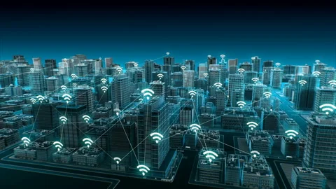 Wireless smart sensor on Smart city, connecting network. blue x-ray. 4k. 스톡 동영상 100865877