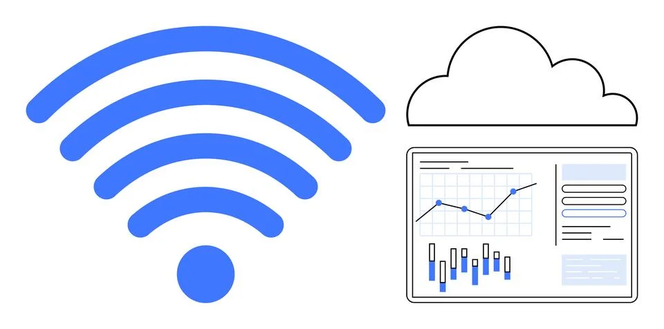 Wireless symbol next to cloud and statistical dashboard with graphs and chart 库存插图
