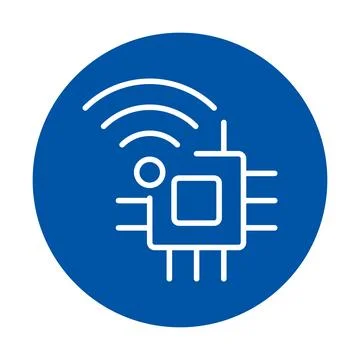 Wireless technology chip icon with signal waves in blue circle design Stock Illustration