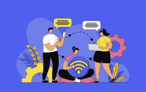 Wireless technology concept with modern flat design for web. Man and woman us Stock Illustration