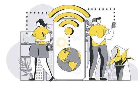 Wireless technology concept with outline people scene. Man and woman use free Stock Illustration