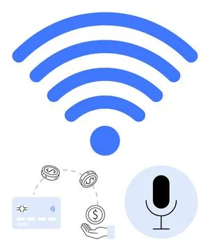 Wireless technology encompassing payment processing and voice recognition f.. Illustrazione stock