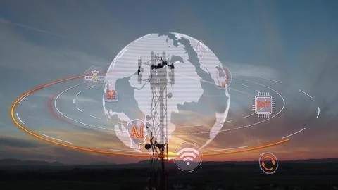Wireless Technology Graphic And Digital Globe Around 5G Telecommunication Tower Stock Photos