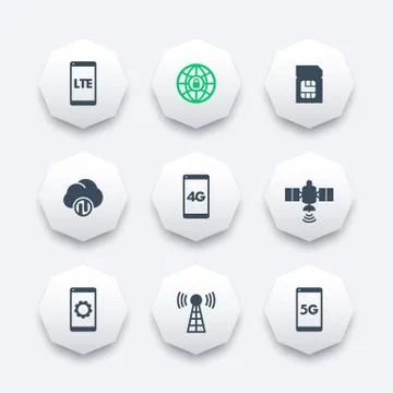 Wireless technology icons, 4g network, lte, mobile communication, connection  Stock Illustration