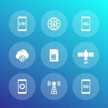 Wireless technology icons, lte communications, 4g, 5g mobile networks Stock Illustration