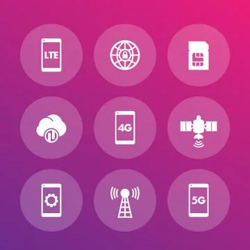 Wireless technology icons, lte, communications, 4g, 5g mobile network Illustrazione stock