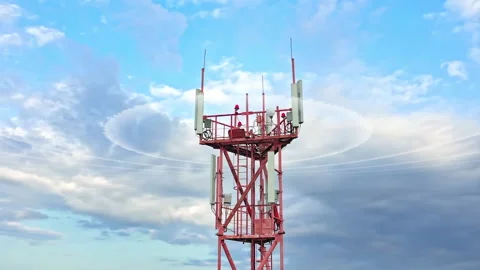 Wireless telecom networking with transmitter antennae on the mast aerial view Stock Footage 160025087