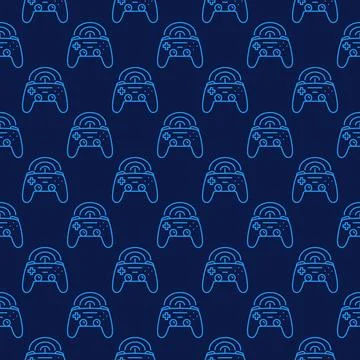 Wireless Videogame Controller vector Joypad blue linear seamless pattern Stock Illustration