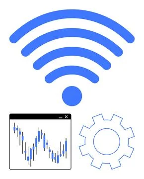 Wireless wave symbol, graph chart in window, and gear shape. Ideal for techno Stock Illustration