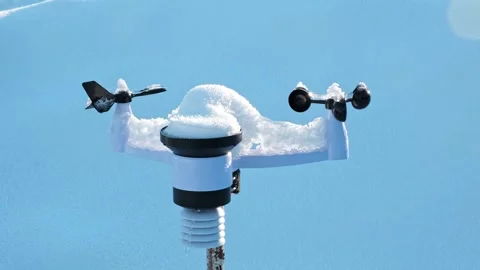 Wireless weather station on pole in snow. Sensors of temperature and humidity Stock Footage 345656197