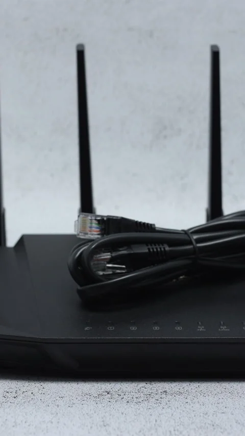 Wireless WIFI Router With Patch Cord On Office Table Background. Zoom In Dolly S Stock Footage 267868022