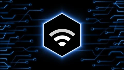 Wireless wifi symbol illuminates a blue tech hexagonal frame interface. Sma.. 動画素材 338240198