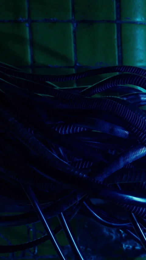 Wires and cables in dark setting with green wall tiles in background Stock Footage 341266863