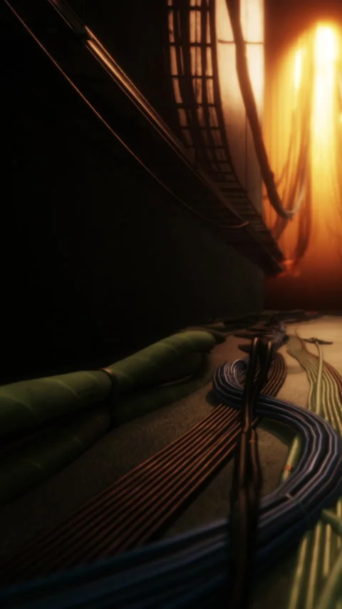 Wires and cables on the ground in a dimly lit space with a bright orange light Stock Footage 337971089