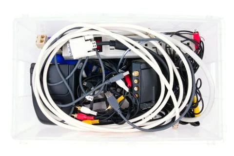 Wires and connectors for computer audio video in a box Stock Photos