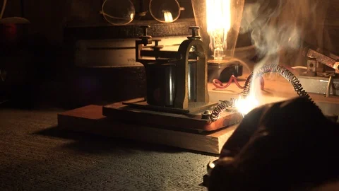 Wires burning as the telographer sends for help. Sending Morse Code Stock Footage 99657122