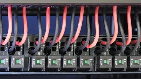 Wires connect to  electrical panel. Labeled sockets line panel's surface. Nea Stock Photos