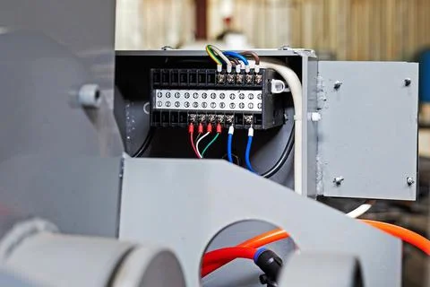 Wires connected to the machine control panel Stock Photos