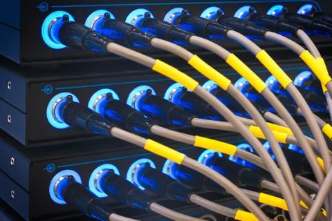 Wires connected to the network server, optical fiber. Network cables closeup  Foto stock