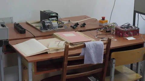 Wires, Devices, Documents On The Table. Workplace. Old School Concept Stock Footage 309212147