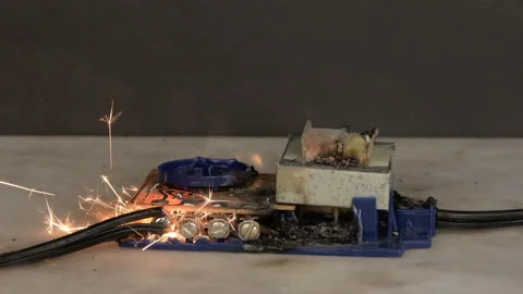 The wires on the electrical microplate are burning and sparking, short circuit,  Stockbeeldmateriaal 235527891
