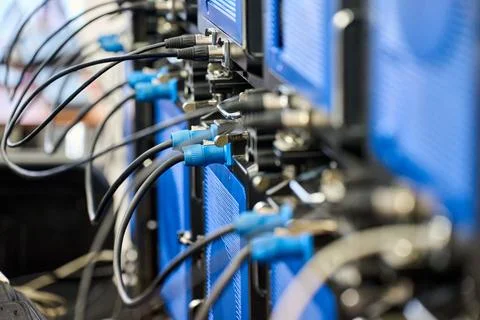 Wires inserted into computer equipment Foto stock