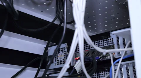 Wires, lightbulbs and computer parts in render farm Stock Footage 59790987