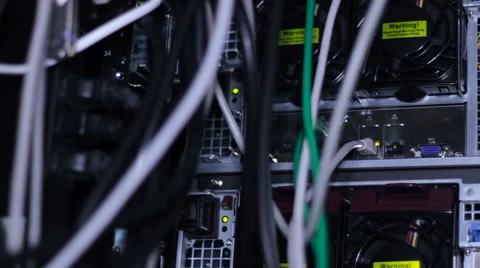 Wires, lightbulbs and computer parts in render farm Stock Footage 59791016