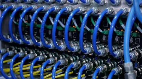 Wires, lightbulbs and computer parts in render farm Stock Footage 59791407