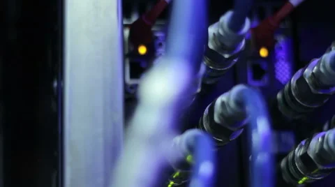 Wires, lightbulbs and computer parts in render farm Stock Footage 59791565