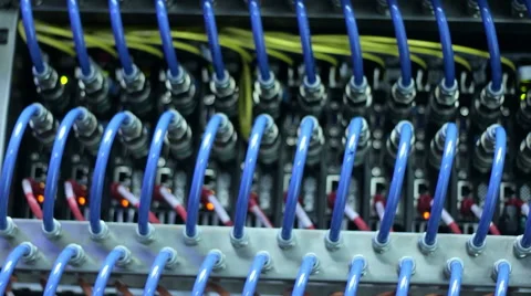 Wires, lightbulbs and computer parts in render farm Stock Footage 59791771