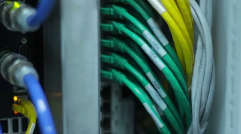 Wires, lightbulbs and computer parts in render farm Stock Footage 59791848