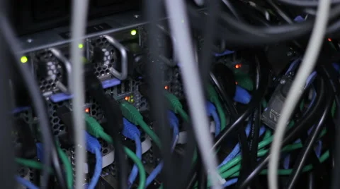 Wires, lightbulbs and computer parts in render farm Stock Footage 59792200