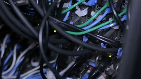 Wires, lightbulbs and computer parts in render farm Stock Footage 59792367
