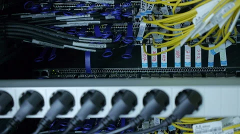 Wires, lightbulbs and computer parts in render farm Stock Footage 59792611