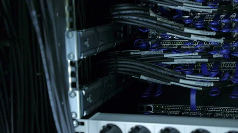 Wires, lightbulbs and computer parts in render farm Stock Footage 59792695
