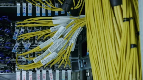 Wires, lightbulbs and computer parts in render farm Stock Footage 59792735