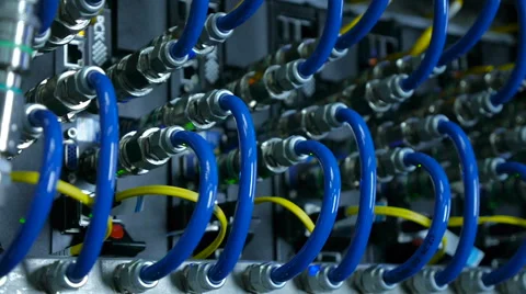 Wires, lightbulbs and computer parts in render farm Stock Footage 59793290