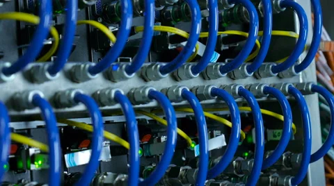 Wires, lightbulbs and computer parts in render farm Video stock 59793654