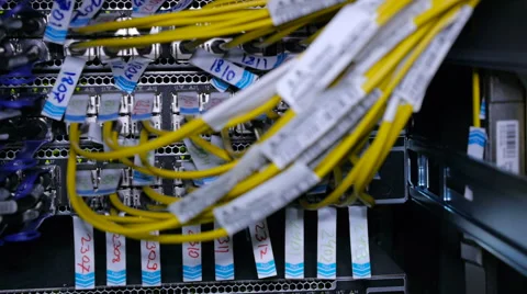 Wires, lightbulbs and computer parts in render farm Video stock 59793688