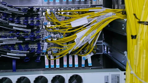 Wires, lightbulbs and computer parts in render farm Stock Footage 59793748
