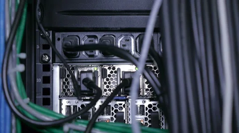 Wires, lightbulbs and computer parts in render farm Stock Footage 59793771