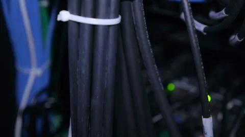 Wires, lightbulbs and computer parts in render farm Video stock 59793824