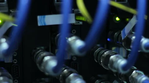 Wires, lightbulbs and computer parts in render farm Stock Footage 59793853